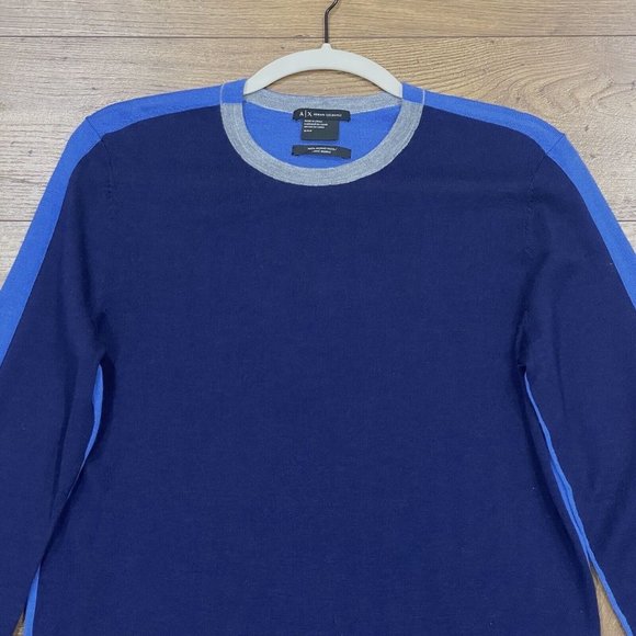 Armani‎ Exchange Sweater Mens Small 100% Merino Wool Blue Colorblock Pullover - Picture 2 of 10